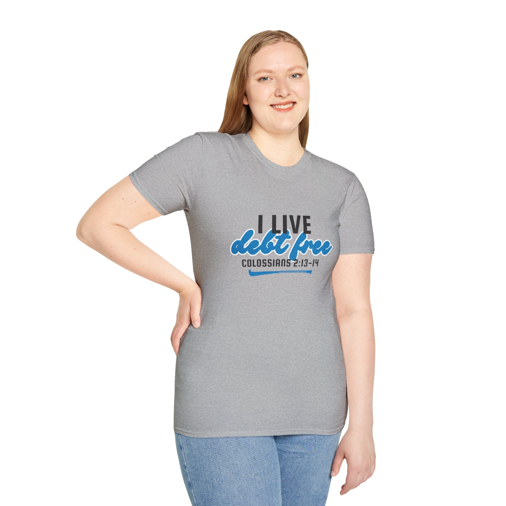 I Live Debt Free unisex T-Shirt — Freedom Tee (Colossians 2:13-14)