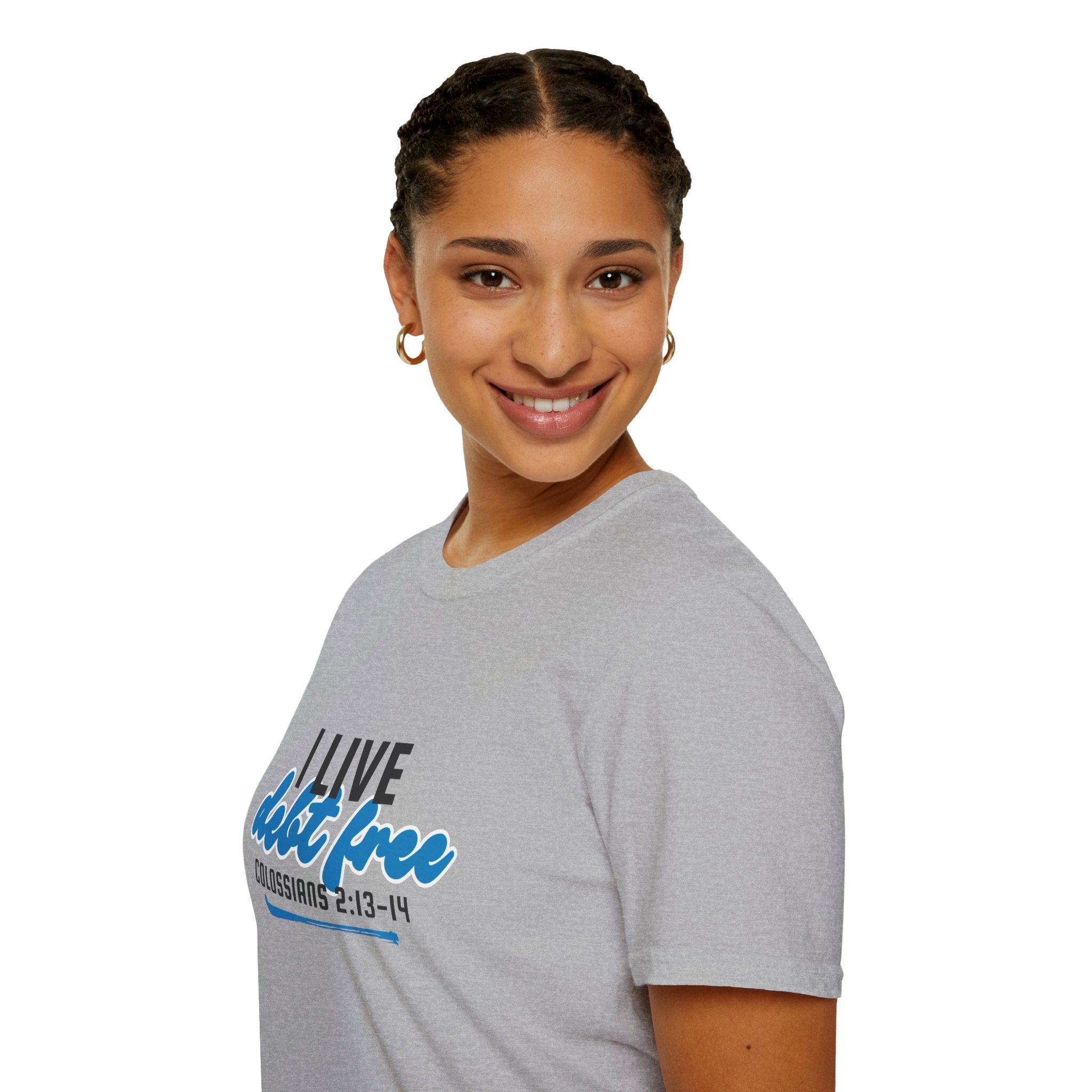 I Live Debt Free unisex T-Shirt — Freedom Tee (Colossians 2:13-14)