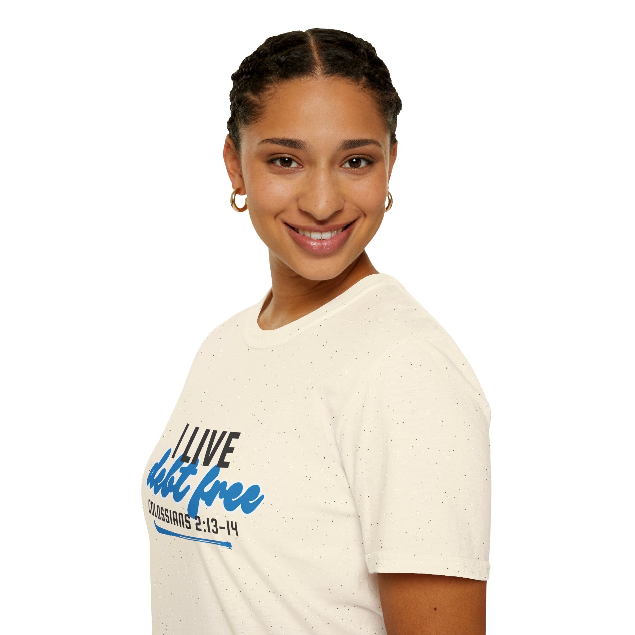 I Live Debt Free unisex T-Shirt — Freedom Tee (Colossians 2:13-14)