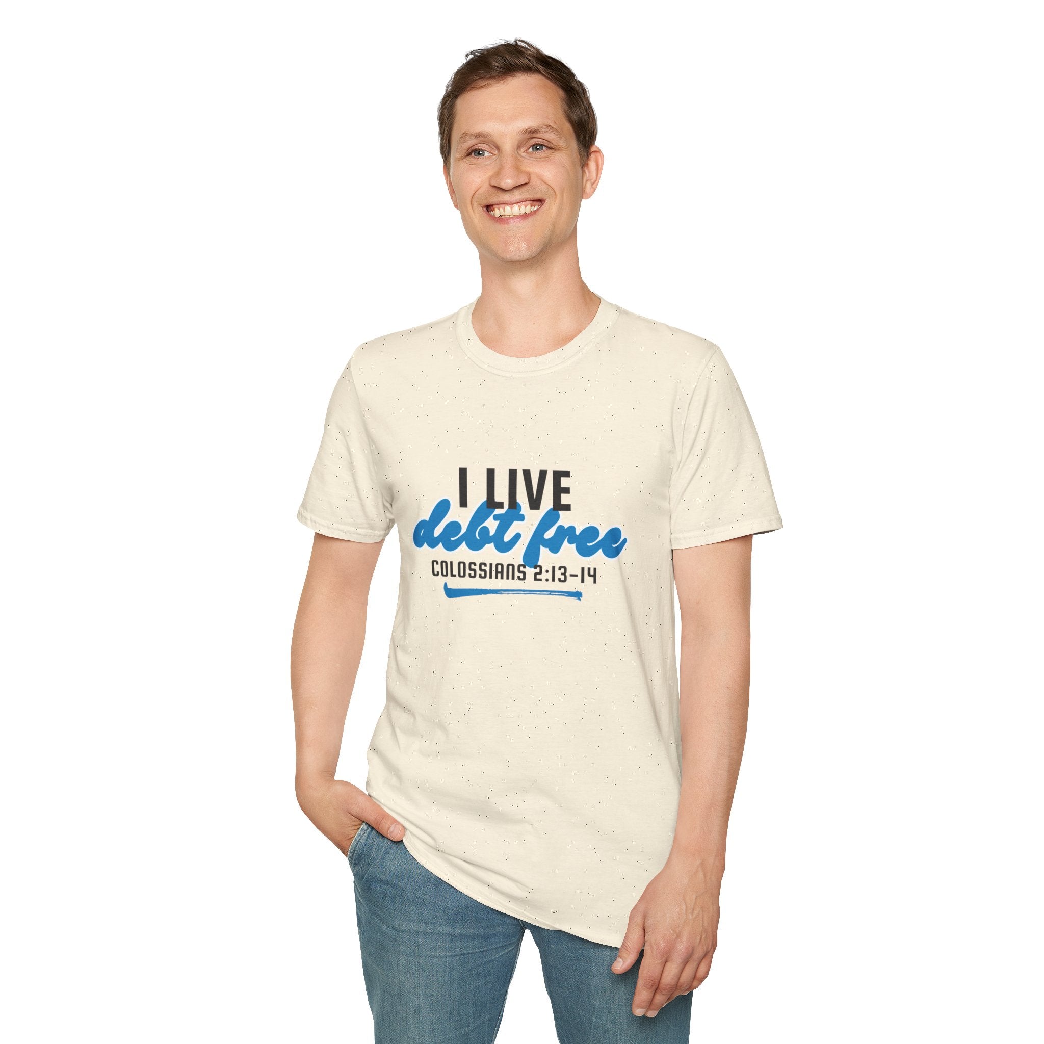 I Live Debt Free unisex T-Shirt — Freedom Tee (Colossians 2:13-14)